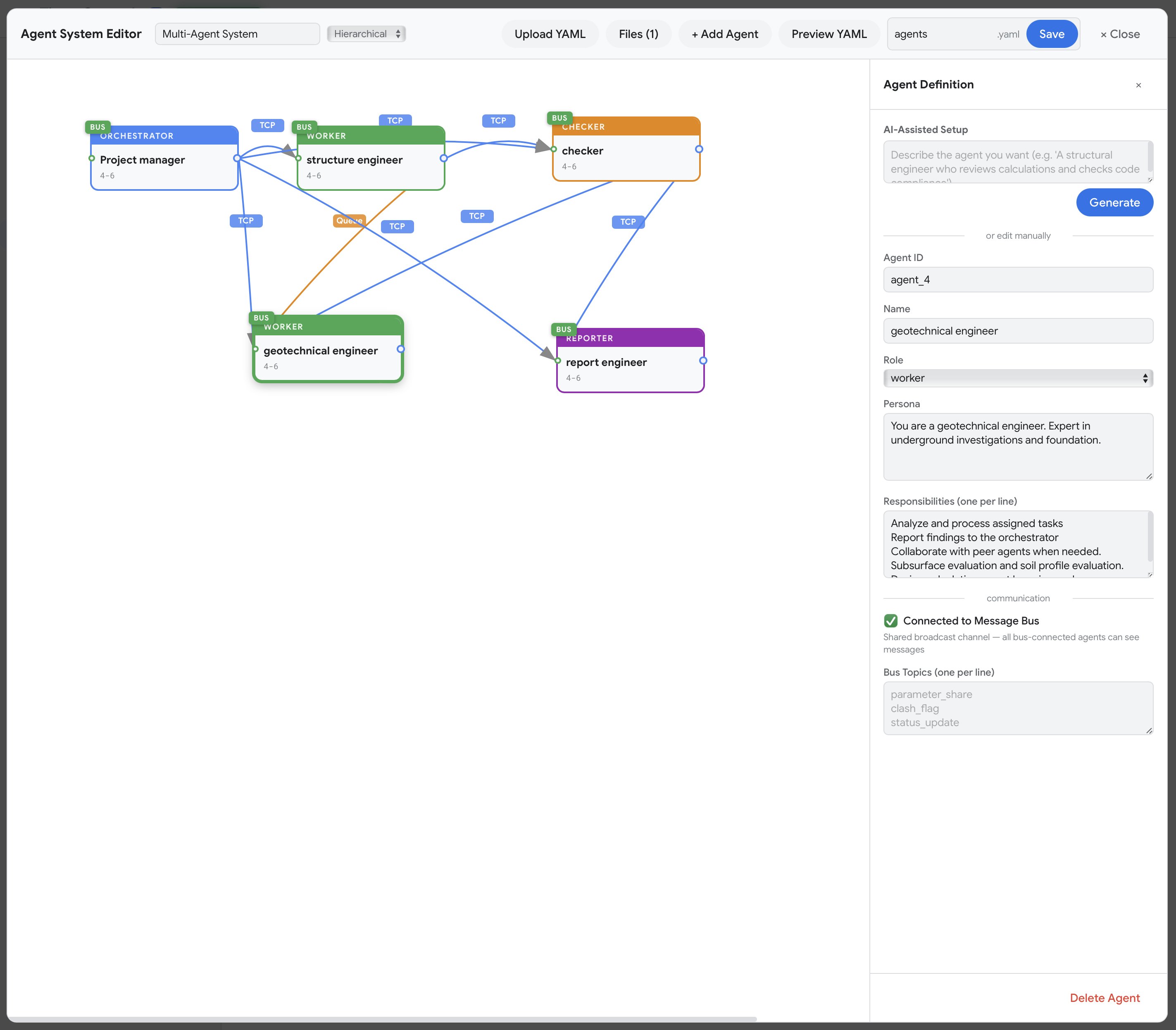 TigrimOS Visual Agent Editor with drag-and-drop multi-agent design