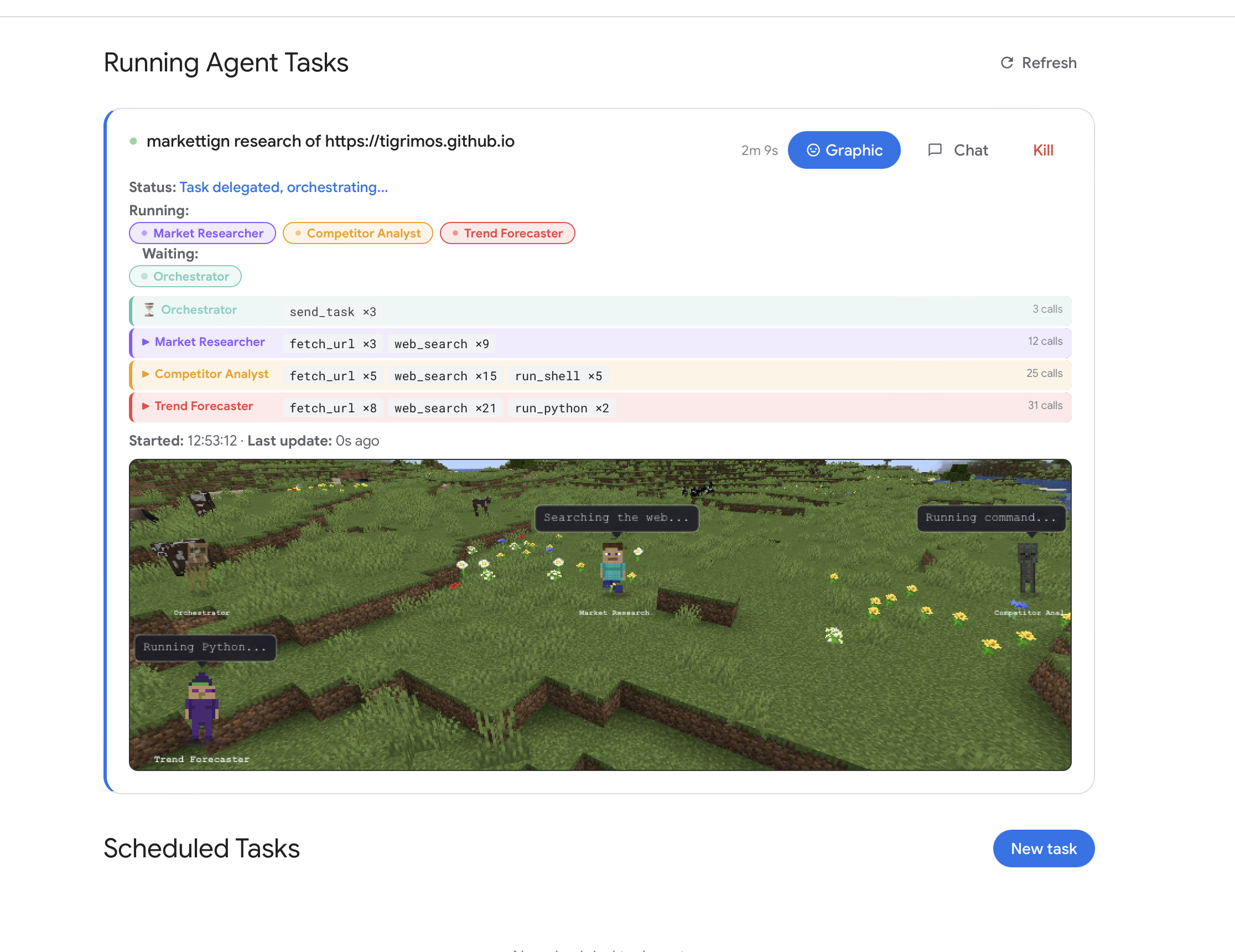 TigrimOS Task Manager with running agent tasks and Minecraft visualization